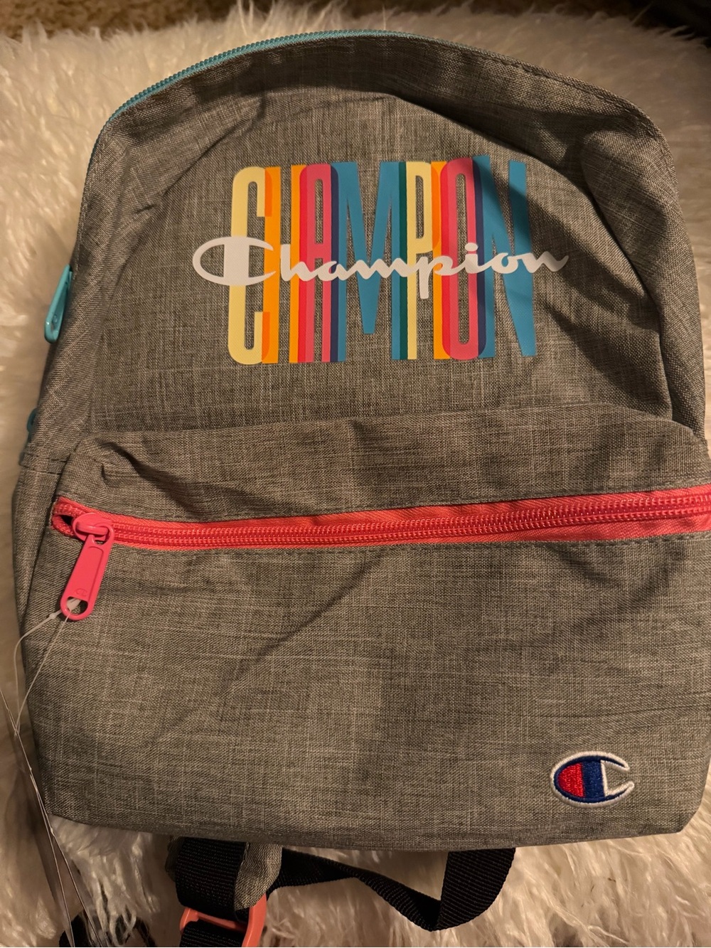Champion Unisex Kids Medium Gray Logo Backpack, Zip Pockets, Adjustable Strap